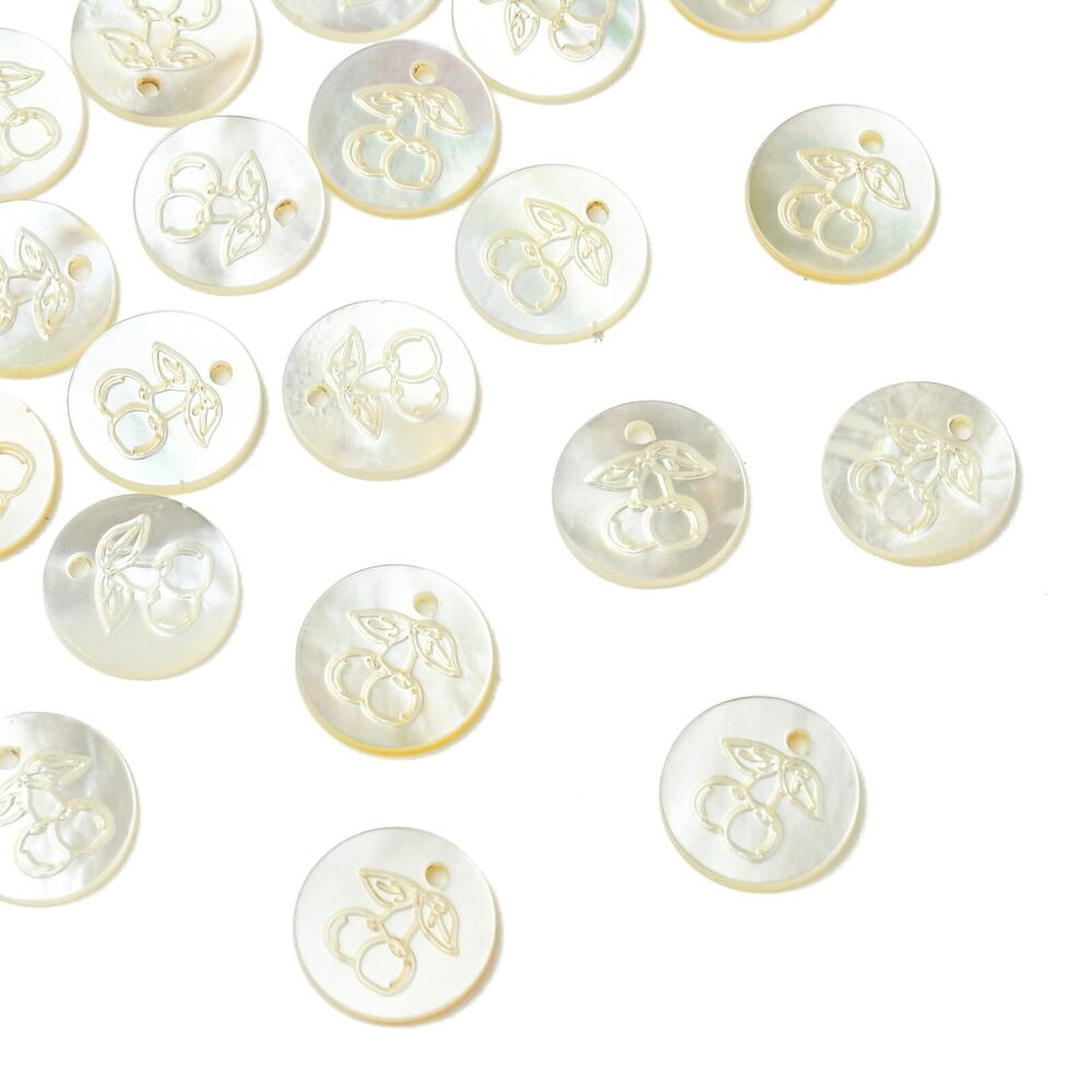 4187 20 pcs Flat Round with Cherry Theme Natural Shell Charms Cute Fruit